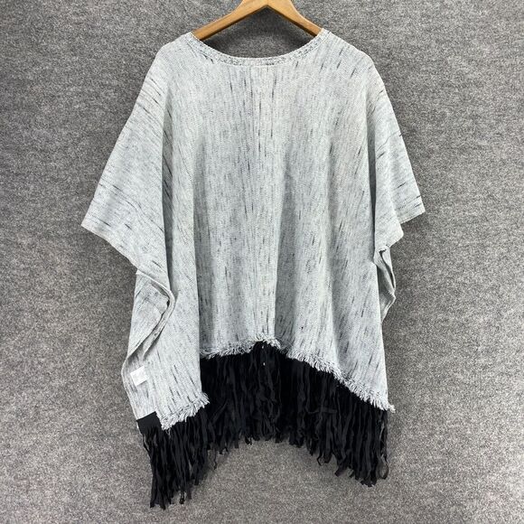 GB Poncho Sweater Women L Large Gray Short Sleeve Fringe Round Neck Casual - Picture 2 of 9